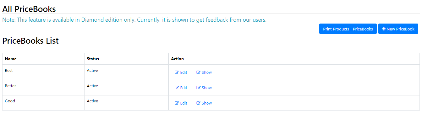 PriceBook List
