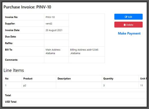 purchase order screen